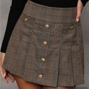 VICI Brown Plaid Mini Skort with Gold Buttons